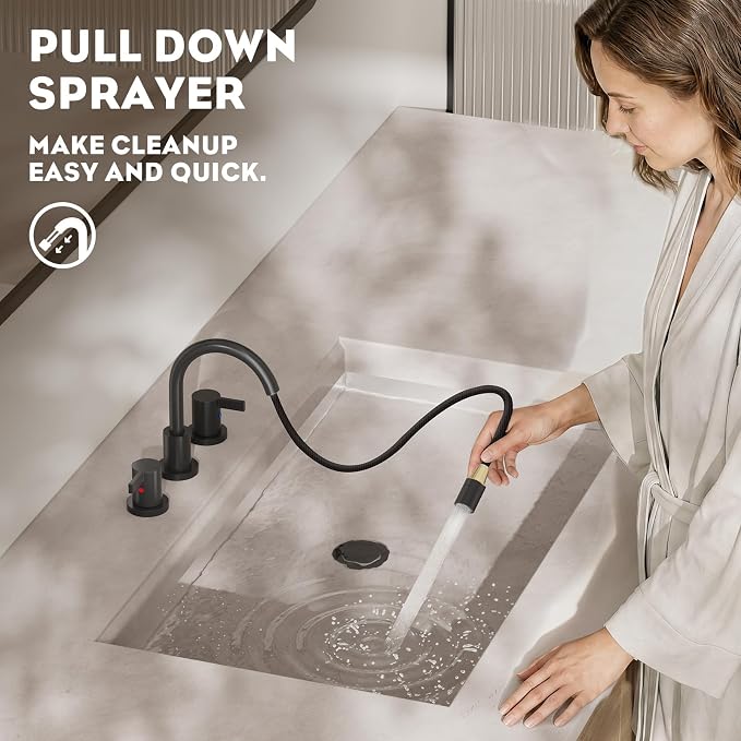 Pull Out Sprayer Matte Black 8 Inch Bathroom Sink Faucet, Widespread 2 Handles 3 Hole Pull Down Bathroom Faucet, with Pop Up Drain and Water Supply Line, BF04022-K01-MB