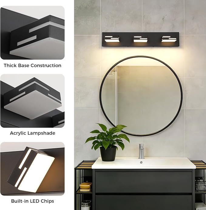 3-Light 5CCT Modern Bathroom Vanity Light Fixtures, 24-Inch 350° Rotatable LED Vanity Lights Over Mirror, Dimmable Matte Black Wall Sconce with Frosted Acrylic Shade