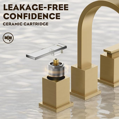 Brushed Gold Bathroom Faucet 8 Inch Widespread 3 Hole 2 Handle,Waterfall Swivel Spout Bathroom Sink Faucet with Pop Up Drain and Water Supply Line,WF011-BG