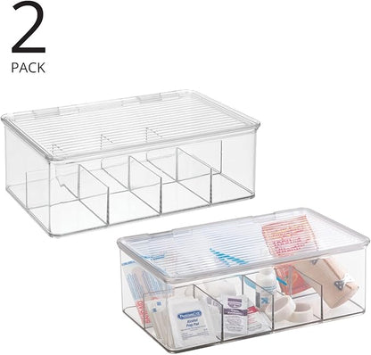 mDesign Plastic Divided First Aid Storage Box Kit with Hinge Lid for Bathroom, Kitchen, Cabinet, Closet - Organize Medicine, Ointments, Adhesive Bandages, Dental - 8 Sections, 2 Pack - Clear