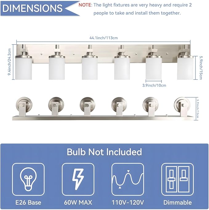 LOUSACE Bathroom Lighting Fixtures Over Mirror Brushed Nickel 6 Light Bathroom Vanity Lights with Opal White Glass Shades, Modern Vanity Wall Sconces Fixture for Bedroom Living Room