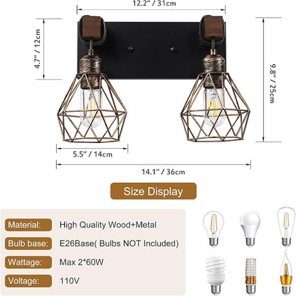 VbiTmn Black Gold Bathroom Light Fixtures, 2-Light Farmhouse Vanity Light | Metal Diamond Shade, Rustic Wall Mount Over Mirror for Bedroom & Hallway, Easy to Install, Sturdy Build for Bathroom Use