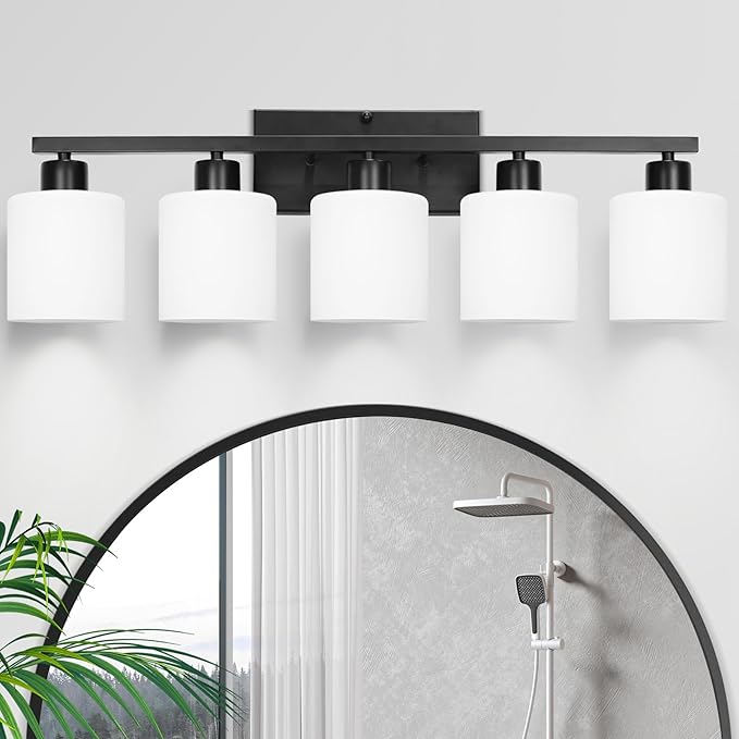 SILAMPDI Black Bathroom Light Fixtures Over Mirror, 5-Light Vanity Lights for Bathroom, Modern Wall Sconces Lighting for Bedroom Living Room, Milky White Glass Shades, E26 Base, Bulbs Not Included