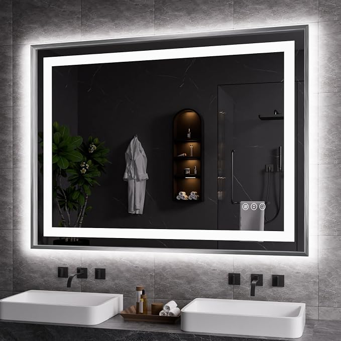 LED Bathroom Mirror 48"X36", Front Light and Backlit(Brushed Silver) | Metal Framed Mirror, Stepless Dimmable, Anti-Fog, HD Reflection, Shatter-Proof, Memory, 3 Colors, Double LED Vanity Mirror.