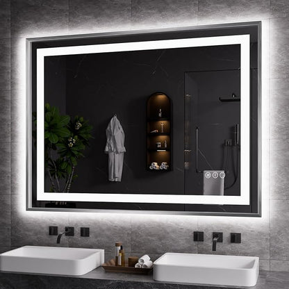 LED Bathroom Mirror 48"X36", Front Light and Backlit(Brushed Silver) | Metal Framed Mirror, Stepless Dimmable, Anti-Fog, HD Reflection, Shatter-Proof, Memory, 3 Colors, Double LED Vanity Mirror.