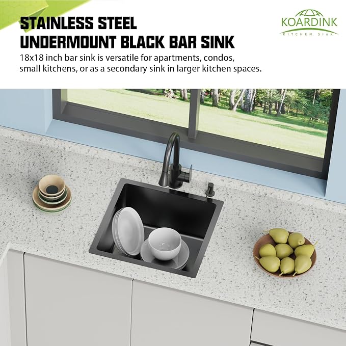 Black 18x18 In Undermount Kitchen And Bar Sink- Stainless Steel Single Bowl Kitchen Sink Modern Drop In Bar Sink With Silicon Mat,Drain Strainer Set Compatibility With Various Kitchen & Bar Style