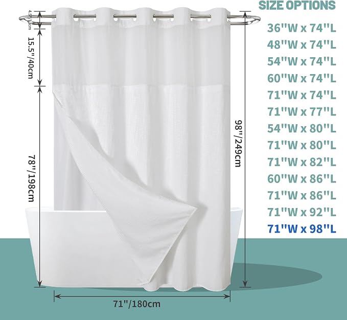 No Hook Extra Long Waffle Shower Curtain with Snap-in Liner, 71x98 in,White | 230 GSM waffle weave fabric, waterproof liner set with 2 bottom magnets, mesh top window, washable, for bathroom or hotel use