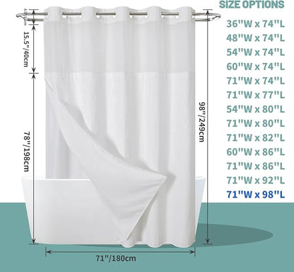 No Hook Extra Long Waffle Shower Curtain with Snap-in Liner, 71x98 in,White | 230 GSM waffle weave fabric, waterproof liner set with 2 bottom magnets, mesh top window, washable, for bathroom or hotel use