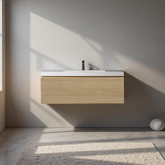 42'' Floating Bathroom Vanity with Sink, Wall-Mounted Bathroom Storage Cabinet with Soft-Close Striped Drawer & Solid Surface Basin, Modern Natural Oak Body with Internal Handle, Wood