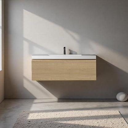 42'' Floating Bathroom Vanity with Sink, Wall-Mounted Bathroom Storage Cabinet with Soft-Close Striped Drawer & Solid Surface Basin, Modern Natural Oak Body with Internal Handle, Wood