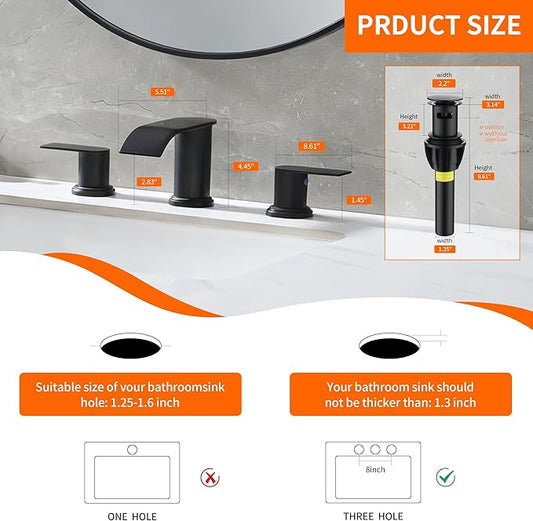 Waterfall Bathroom Faucet 3 Holes, 8 Inch Widespread Faucet 2 Handle Lead-Free Black, Bathroom Faucet with Water Supply Lines Pop Up Drain, Bathroom Basin Lavatory Mixer Tap with Deck Mount Plate