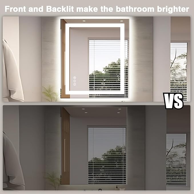 EchosLife 32"x36" LED Bathroom Mirror | Backlit + Front Lit, Anti-Fog, Stepless Dimmable, 3 Colors, Memory, Tempered Glass, UL Listed, Horizontal/Vertical