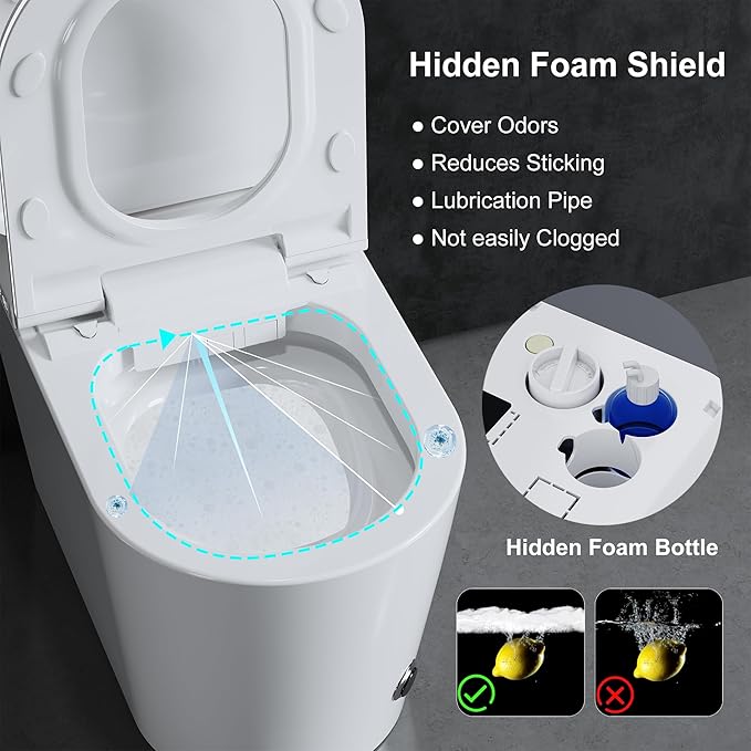Luxury Smart Toilet with Heated Seat & Instant Warm Water | Remote Control Bidet,Hidden Foam Shield,Air Purification,One Piece Tankless Toilet with ADA Comfort Height,LED Display