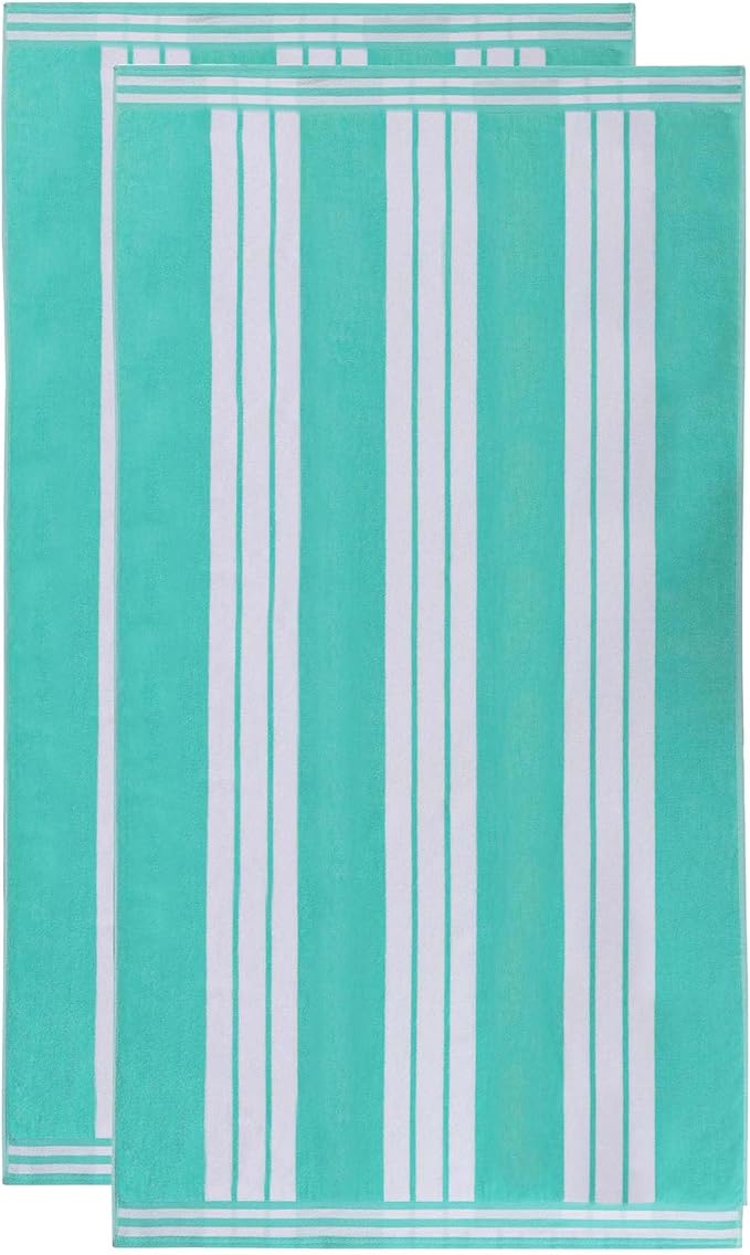 Superior Oversized Cotton Beach Towel Set of 2, Absorbent Towels for Bathroom, Beach, Pool, Swim, Adults, Kids, Vacation, Travel, Bath Sheet, Quick Dry Basics, Trip Essentials, Striped Decor, Mint
