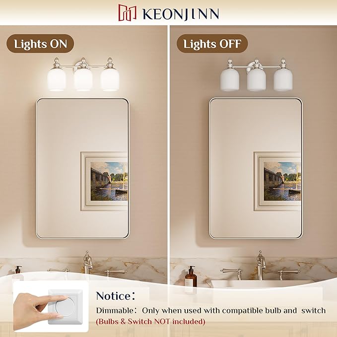 Keonjinn Brushed Nickel Bathroom Light Fixtures, 4-Light Vintage Vanity Lights for Mirror with Frosted Glass Shades, UL Listed E26 Base Reversible Vanity Lighting Fixtures for Wall(Bulbs Not Included)