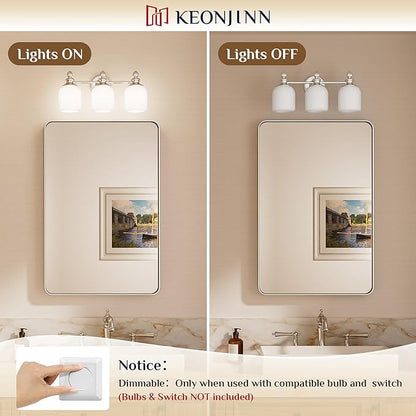 Keonjinn Brushed Nickel Bathroom Light Fixtures, 4-Light Vintage Vanity Lights for Mirror with Frosted Glass Shades, UL Listed E26 Base Reversible Vanity Lighting Fixtures for Wall(Bulbs Not Included)