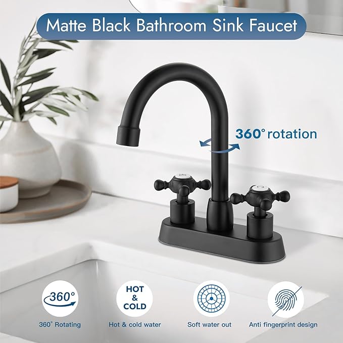 4 Inch Centerset Bathroom Faucets Double Cross Handle Bathroom Sink Faucet Deck Mounted Vintage RV Farmhouse Vanity Basin Mixer Tap with Pop up Drain,Matte Black
