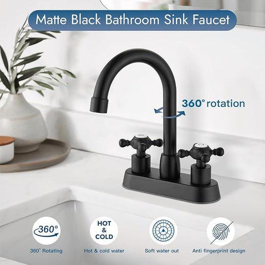 4 Inch Centerset Bathroom Faucets Double Cross Handle Bathroom Sink Faucet Deck Mounted Vintage RV Farmhouse Vanity Basin Mixer Tap with Pop up Drain,Matte Black