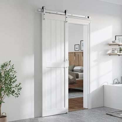 SMARTSTANDARD 24" x 84" White Sliding Barn Door with 5FT Silver Hardware | Pre-Drilled Ready to Assemble, Waterproof PVC Coating, H-Frame