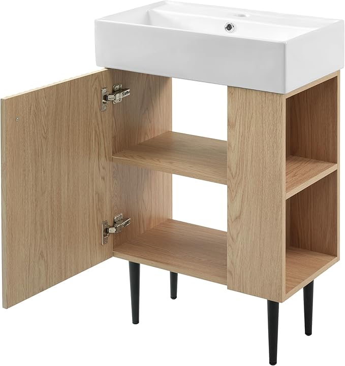 Merax Bathroom Vanity with Sink, Undermount Sinks Vanity with Side Storage, 20 Inch Free Standing Bathroom Storage Cabinet Combo Set, One Piece Sink Basin Bathroom Vanity, Oak