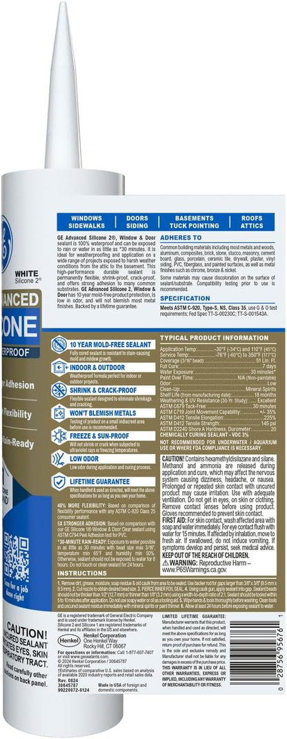 GE Advanced Silicone Caulk for Window & Door, White, 10 fl oz Cartridge, 1 Pack - 100% Waterproof Silicone Sealant, 5X Stronger Adhesion, Shrink & Crack Proof