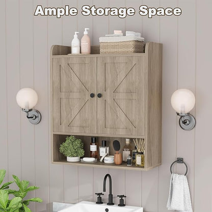 EasyCom 22" W x 26" H Bathroom Wall Cabinet, Farmhouse Medicine Cabinet with Adjustable Shelves and Double Barn Doors, Over The Toilet Storage Cabinet for Bathroom, Kitchen, Living Room, Oak Grey