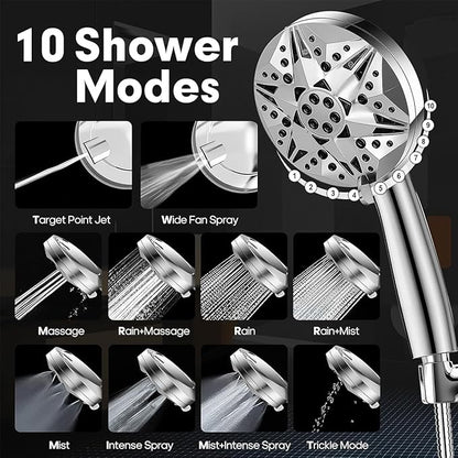 High Pressure Handheld Shower Head – 10 Spray Modes with Rain & Massage, Anti-Clog Nozzles, Power Rinse for Tile, Soap & Pets, Chrome Finish, Easy Installation