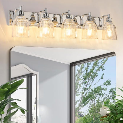 5 Light Bathroom Light Fixtures Modern Chrome Vanity Lights for Bathroom Lighting Fixtures Over Mirror with Thickened Glass Shade for Cabinet Mirror Bedroom Hallway