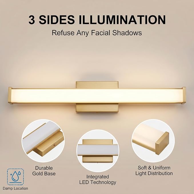 URSOLA 24" Modern LED Bathroom Light Fixtures, Golden 3CCT Dimmable Bathroom Vanity Light Over Mirror, Bathroom Vanity Bath Bar Lights with Double Layer Acrylic Shade