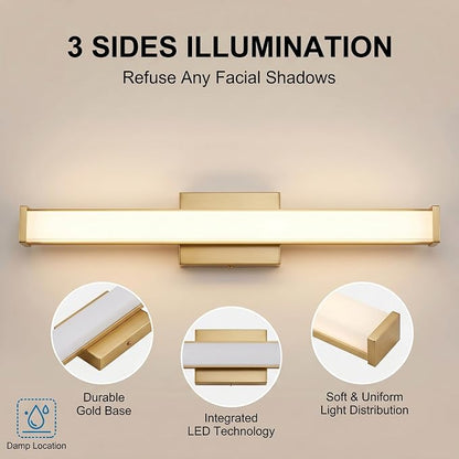 URSOLA 24" Modern LED Bathroom Light Fixtures, Golden 3CCT Dimmable Bathroom Vanity Light Over Mirror, Bathroom Vanity Bath Bar Lights with Double Layer Acrylic Shade