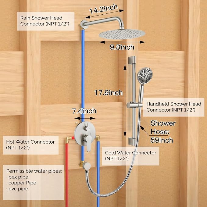gotonovo Slide Bar Shower System Faucet Set Complete,Brushed Nickel,10 Inch | Rain Round Shower Head with 6-Modes Handheld Spray,Valve and Trim Kit Included,Bathroom Wall Mount,All Metal,2-In-1 Diverter