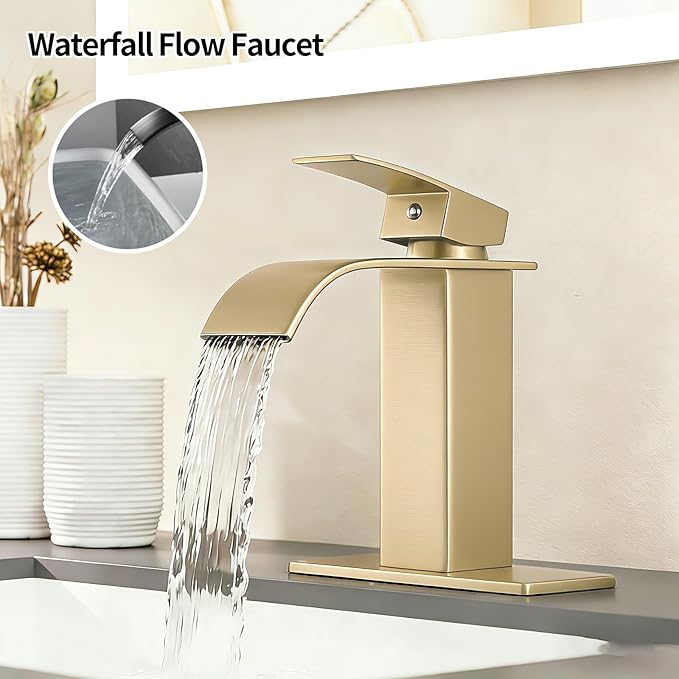 Wicbim Brushed Gold Bathroom Faucet,Modern Waterfall Black Bathroom Faucet,Single Handle Suitable for 1 or 3 Holes,Supply Deck Plate and Hose
