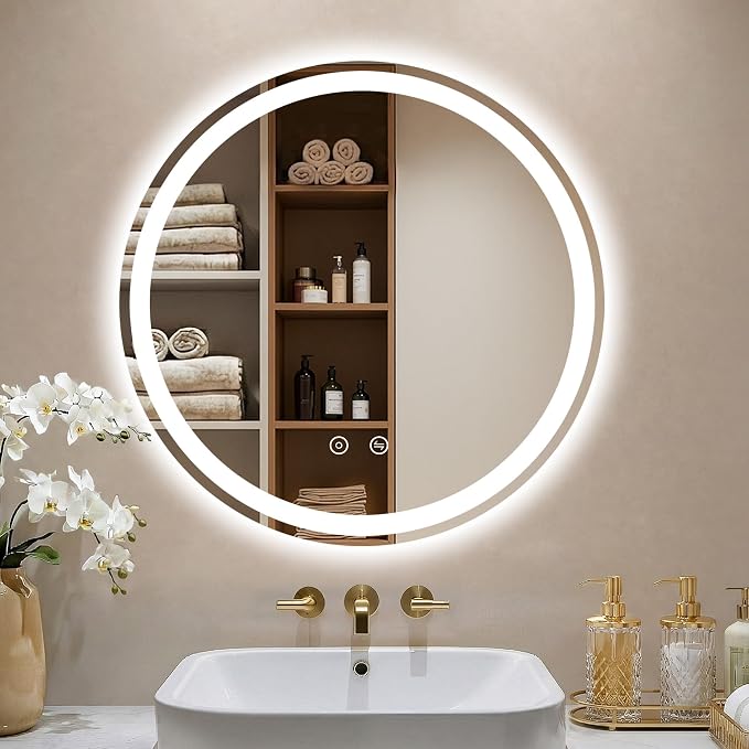 24 Inch Round LED Bathroom Mirror with Lights, Circle Lighted Vanity Mirror | Smart Anti-Fog, Dimmable 3 Color Modes, Backlit+Frontlit, Memory Function, HD Tempered Glass, Touch Sensor
