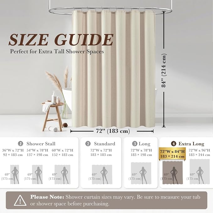Seasonwood Beige Linen Shower Curtain Farmhouse Bathroom Decor 72x84 Inches | Boho Bathroom Decor,12 Sturdy Stainless Steel Sliding Hangers,Rustic Country Style,Linen Shower Curtains for Bathroom