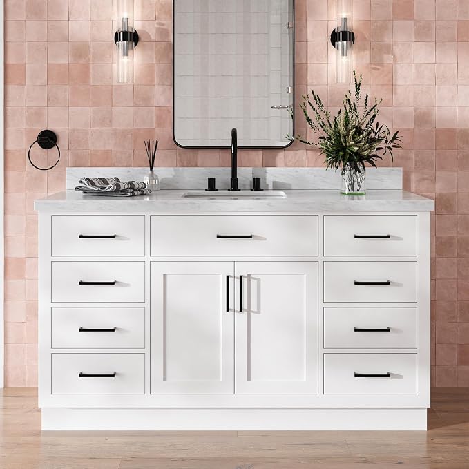 Isabella 60 Inch Bathroom Vanity Single Sink — White Bathroom Vanity with Sink, 1.5" Edge Italian Carrara Marble Countertop, Solid Wood, 2 Soft-Close Doors, 8 Dovetail Drawers + Tilt Drawer