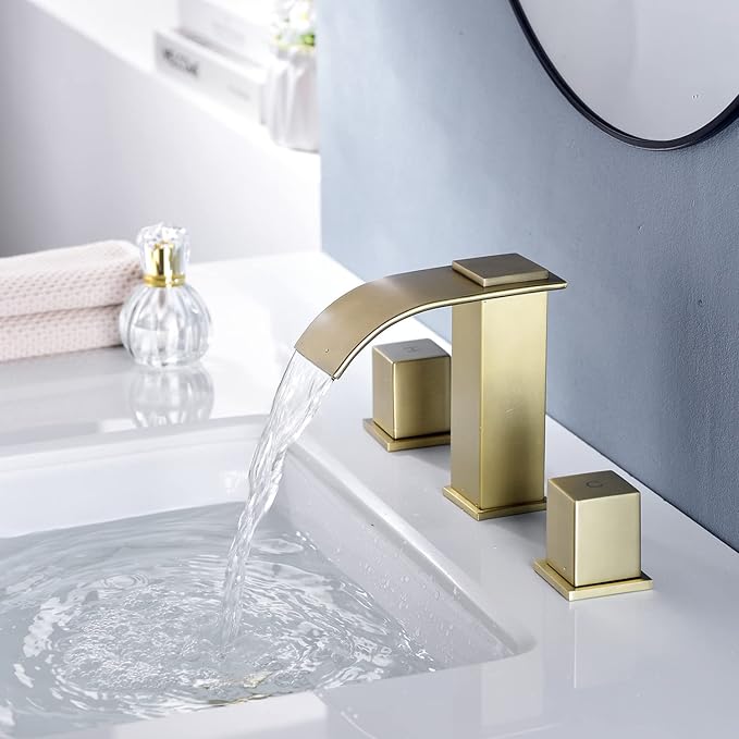 Luxury Brass Widespread Waterfall Bathroom Sink Faucets for 3 Hole 2-Handle 8 Inch Deck Vanity Faucet, &Stainless Steel Pop-up Drain Assembly, Brushed Gold