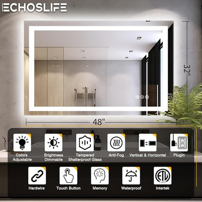 EchosLife 48"x32" LED Bathroom Mirrors for Wall | Backlit + Front Lit, Anti-Fog, Stepless Dimmable, 3 Colors, Memory, Tempered Glass, UL Listed, Horizontal/Vertical