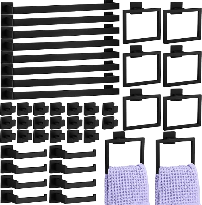 Gisafai 45 Pcs Matte Black Bathroom Hardware Accessories Set 23.6 Inch Black Bath Towel Bar Kit Stainless Steel Bathroom Hardware Set Towel Racks Ring Robe Hooks Paper Holder for Wall Mounted
