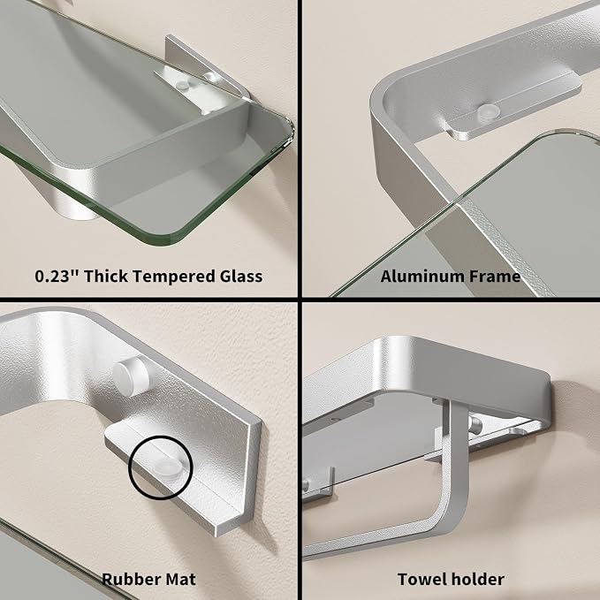 16 Inch Long Floating Bathroom Shelf with Towel Bar, Clear Tempered Glass Wall Shelf with Hand Towel Holder for Bathroom Storage Organizer, Matte Silver