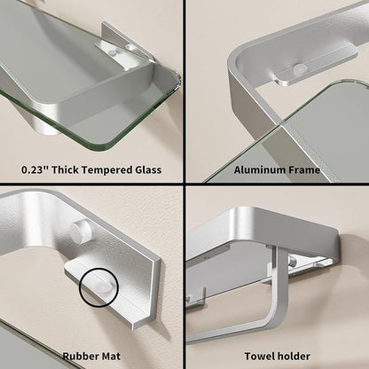 16 Inch Long Floating Bathroom Shelf with Towel Bar, Clear Tempered Glass Wall Shelf with Hand Towel Holder for Bathroom Storage Organizer, Matte Silver