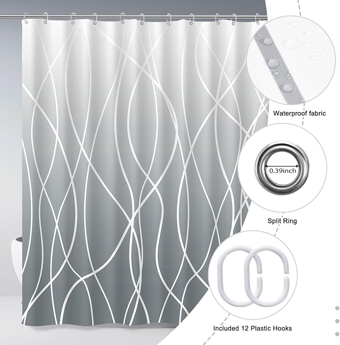 Striped Shower Curtain for Bathroom, Ombre Grey, 72" W x 72" L | with Hooks, Modern Hotel Style, Water Repellent, Washable, Weighted Hem