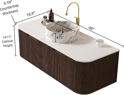 LKTART 48 Inch Floating Bathroom Vanity with Sink, Modern Wall Mounted Bathroom Storage Cabinet with Drawer, Stone Pattern Round White Ceramic Sink Top and Marble Texture Top, Walnut