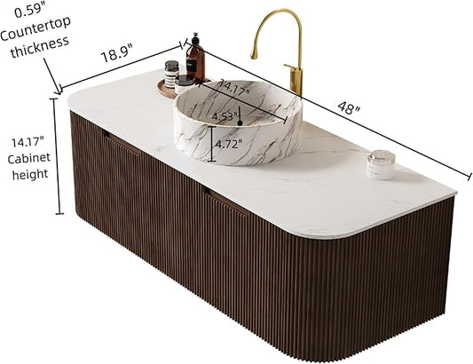 LKTART 48 Inch Floating Bathroom Vanity with Sink, Modern Wall Mounted Bathroom Storage Cabinet with Drawer, Stone Pattern Round White Ceramic Sink Top and Marble Texture Top, Walnut