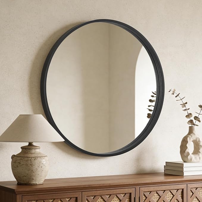 Round Wood Mirror, 32" Round Modern Decoration Large Circle Wall Mirror for Bathroom Living Room Bedroom Entryway, Black