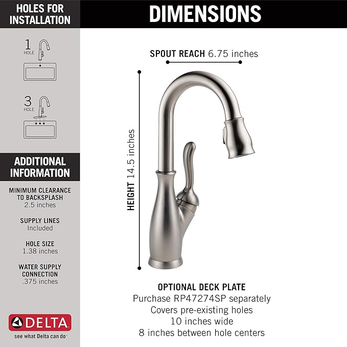 Delta Faucet Leland Bar Faucet Brushed Nickel, Bar Sink Faucet Single Hole, Wet Bar Faucets with Pull Down Sprayer, Prep Sink Faucet, Faucet for Bar Sink, SpotShield Stainless 9678-SP-DST