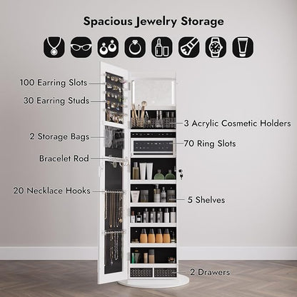 Zamildon's LED Mirror Jewelry Armoire, 360 Swivel Full Length Mirror Jewelry Cabinet, Freestanding Mirrored Jewelry Organizer with Interior LED Lights & Storage Shelves, White