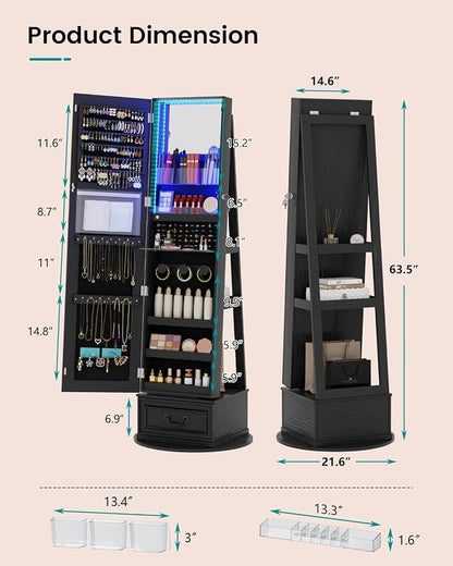 Vlsrka Mirror Jewelry Cabinet Standing with Lights, Lockable, Swivel, Black | Standing Jewelry Armoire with Full Length Mirror, Large Jewelry Organizer Storage with Foldable Makeup Shelf, 3 LED Lights
