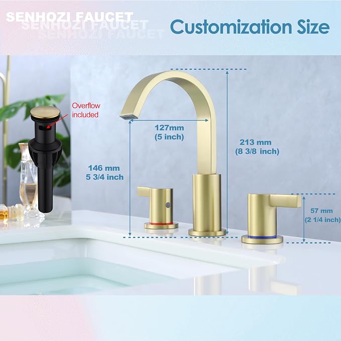 Widespread Gold Bathroom Faucet 3 Hole, Brushed Gold Vanity Faucet | 8 Inch Brushed Gold Bathroom Sink Faucet, Widespread, 360 Swivel Spout, Gold Bathroom Sink Faucet 3 Hole