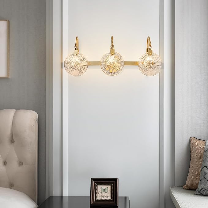 WUZUPS 3-Light Bathroom Light Fixture Over Mirror Morden Vanity Wall Sconces Clear Glass Shade for Bedroom Living Room, E12 Base, Brass Gold