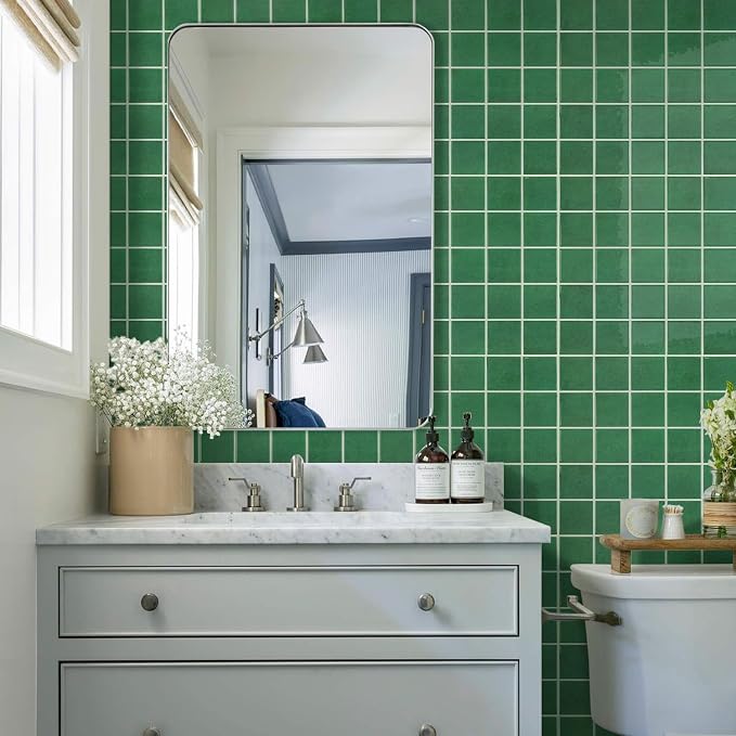 Thicker Peel and Stick 3D Backsplash Tiles Kitchen Bathroom | Green, 10 Pcs 12" x 12", Glossy Self Adhesive Decorative Vinyl Backsplash Wall Sticker, Cover 10 sq ft，Removable，Waterproof